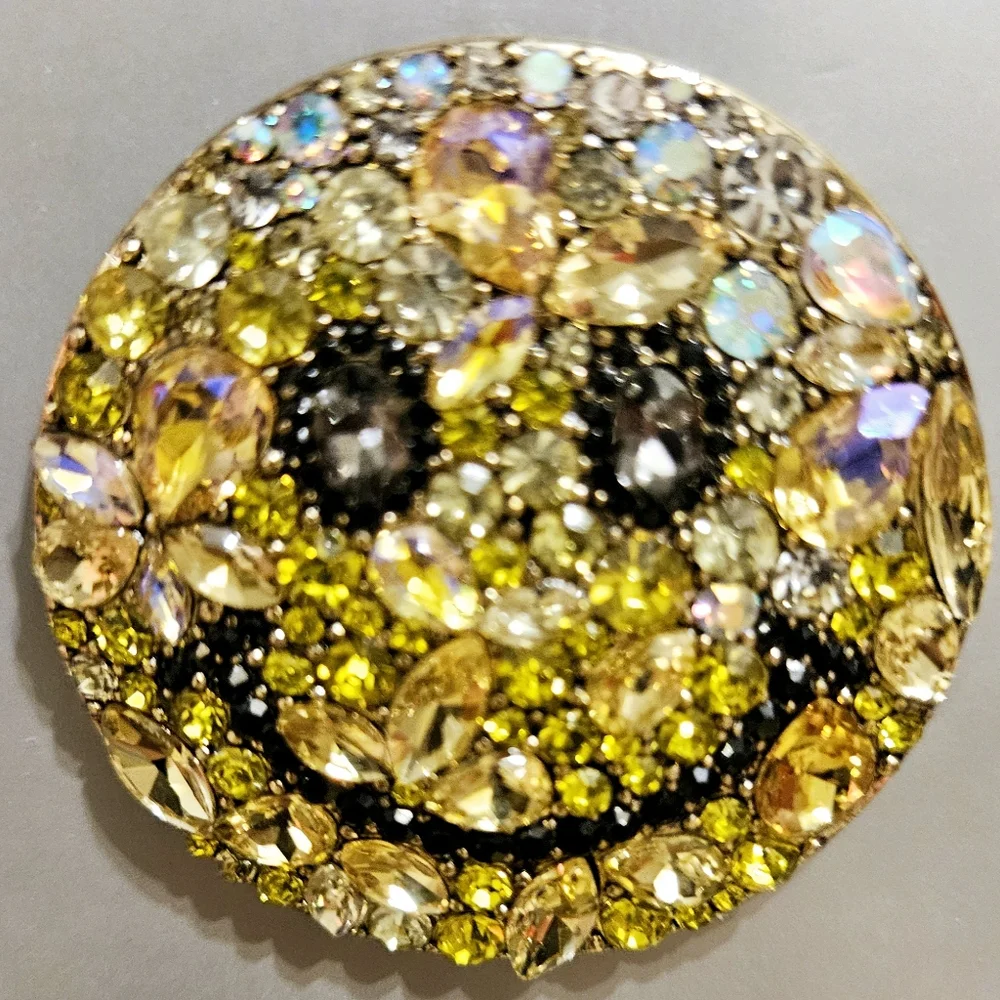 Black & Yellow Rhinestone Smile Face Brooch New